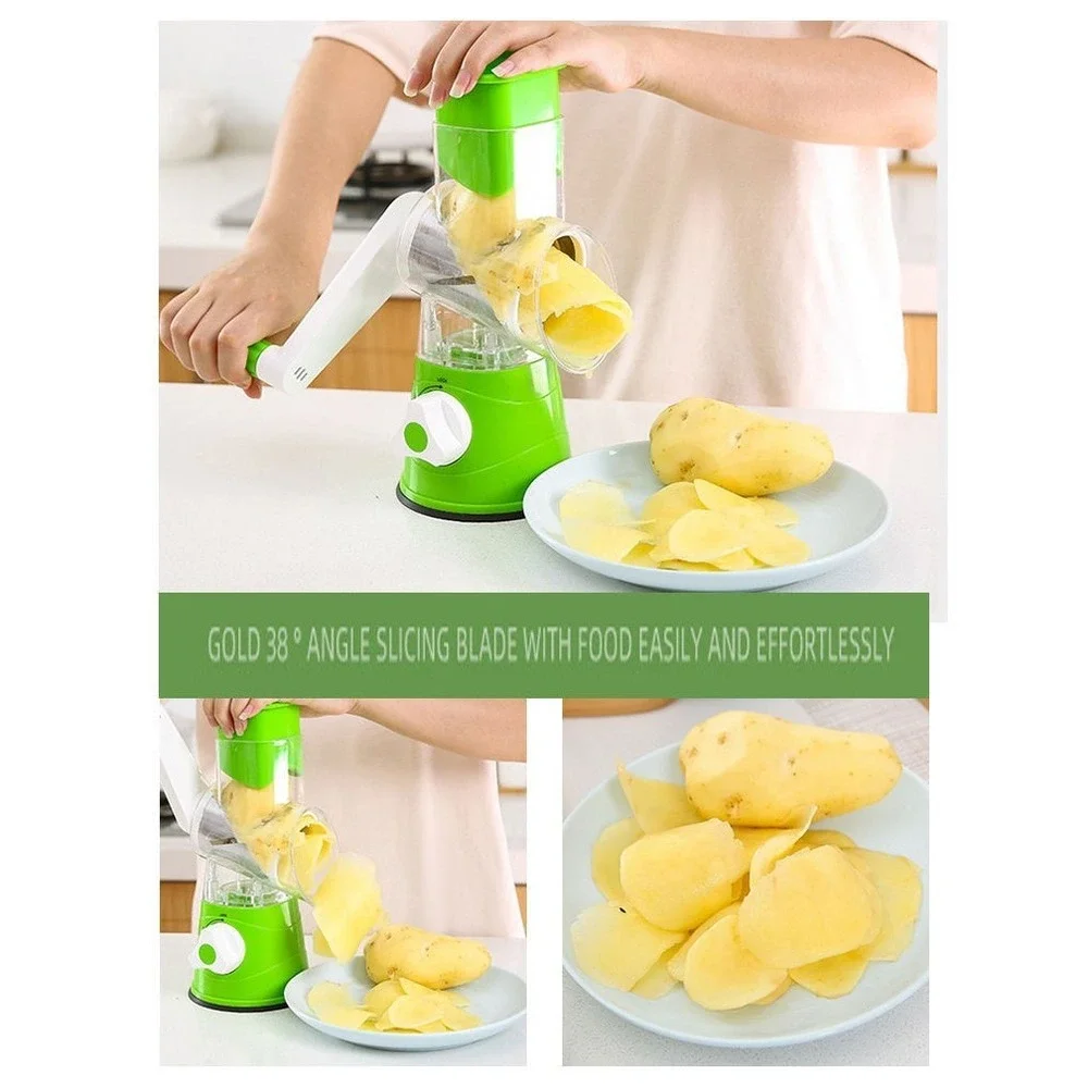Manual Rotary Vegetable Cutter & Grater 3-Blade – Kitchen Food‎ Slicer, Green